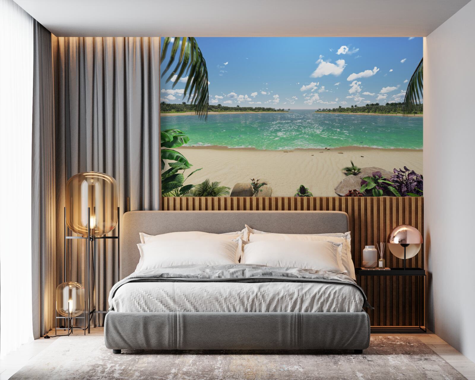 Фотошпалери пляж із золотистим піском біля бірюзового узбережжя