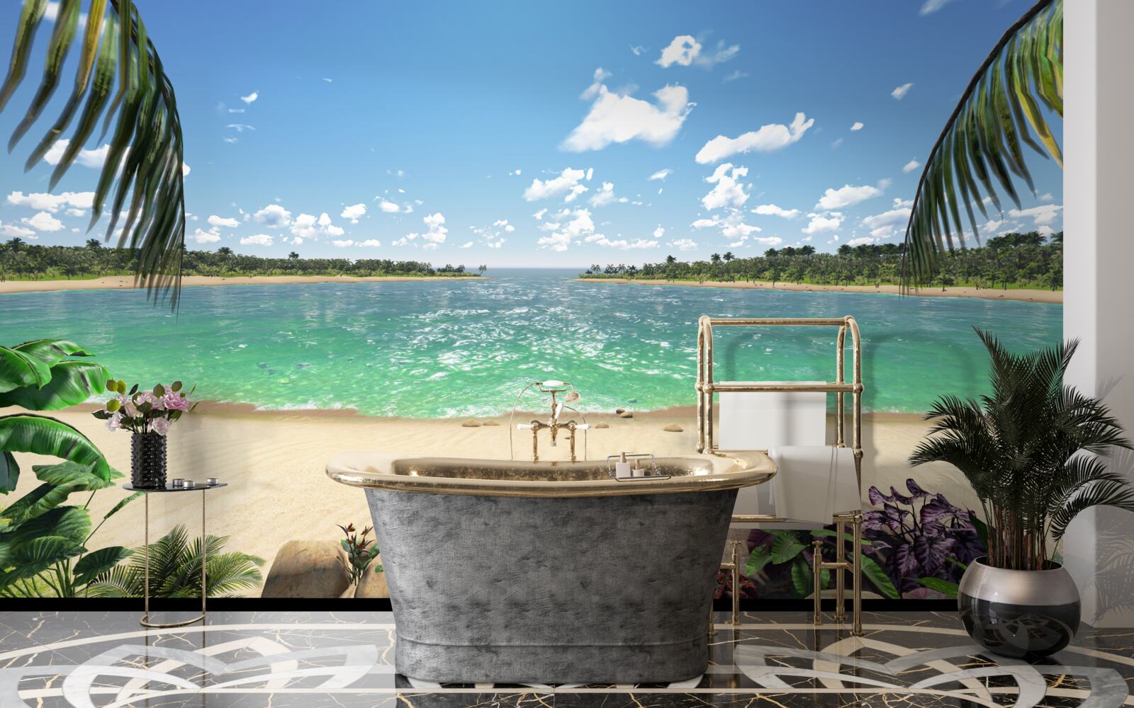 Фотошпалери пляж із золотистим піском біля бірюзового узбережжя