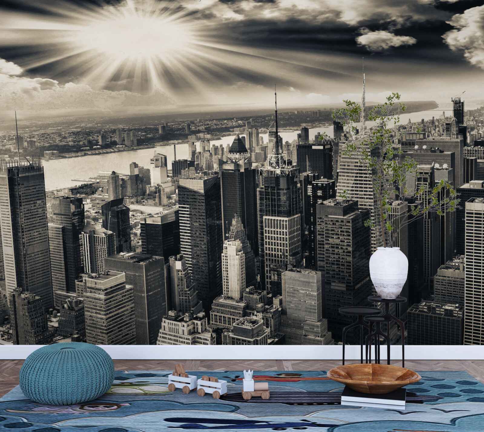 Фотошпалери Сяюче сонце наповнює мегаполіс тонами сепії