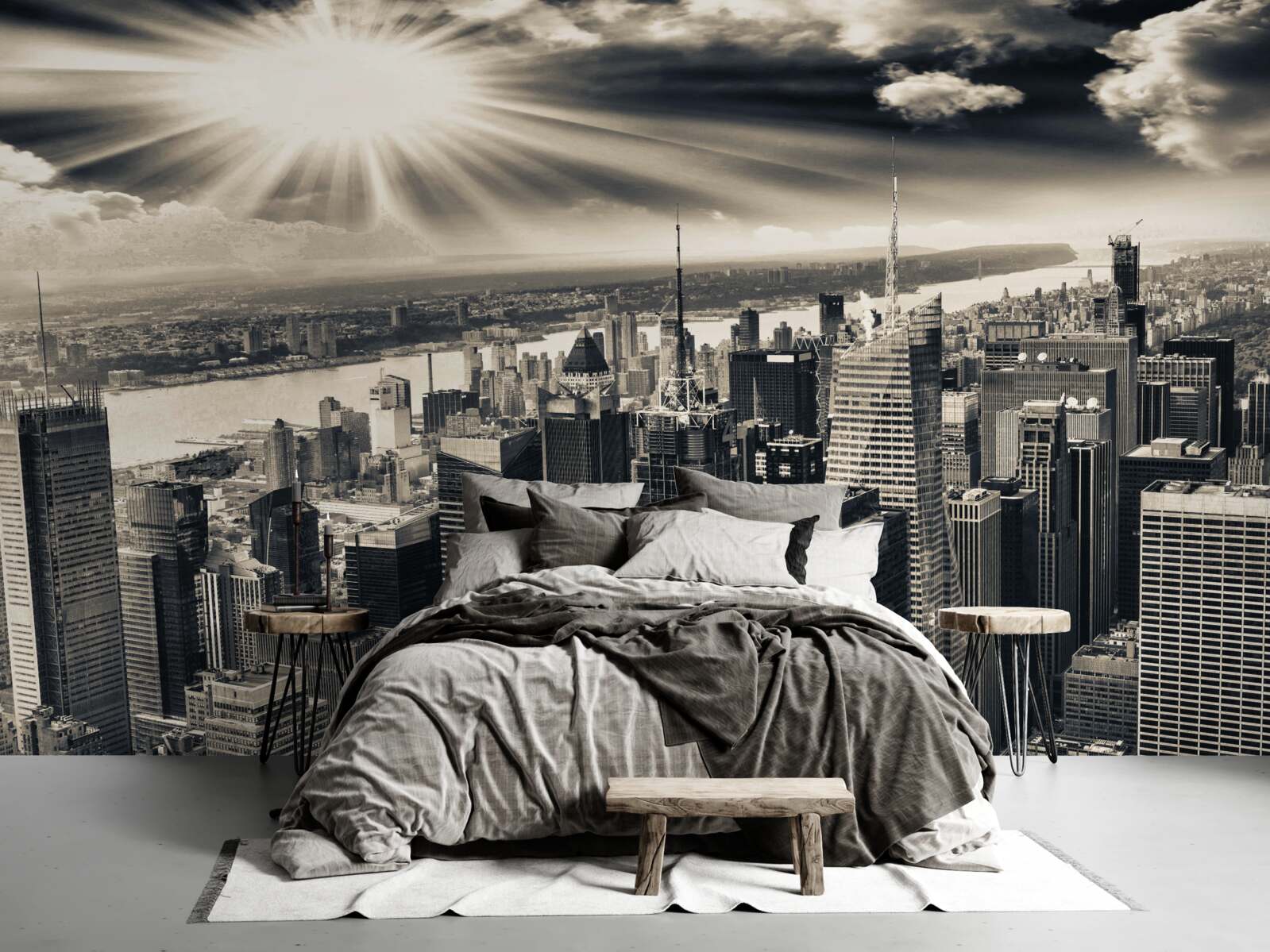 Фотошпалери Сяюче сонце наповнює мегаполіс тонами сепії