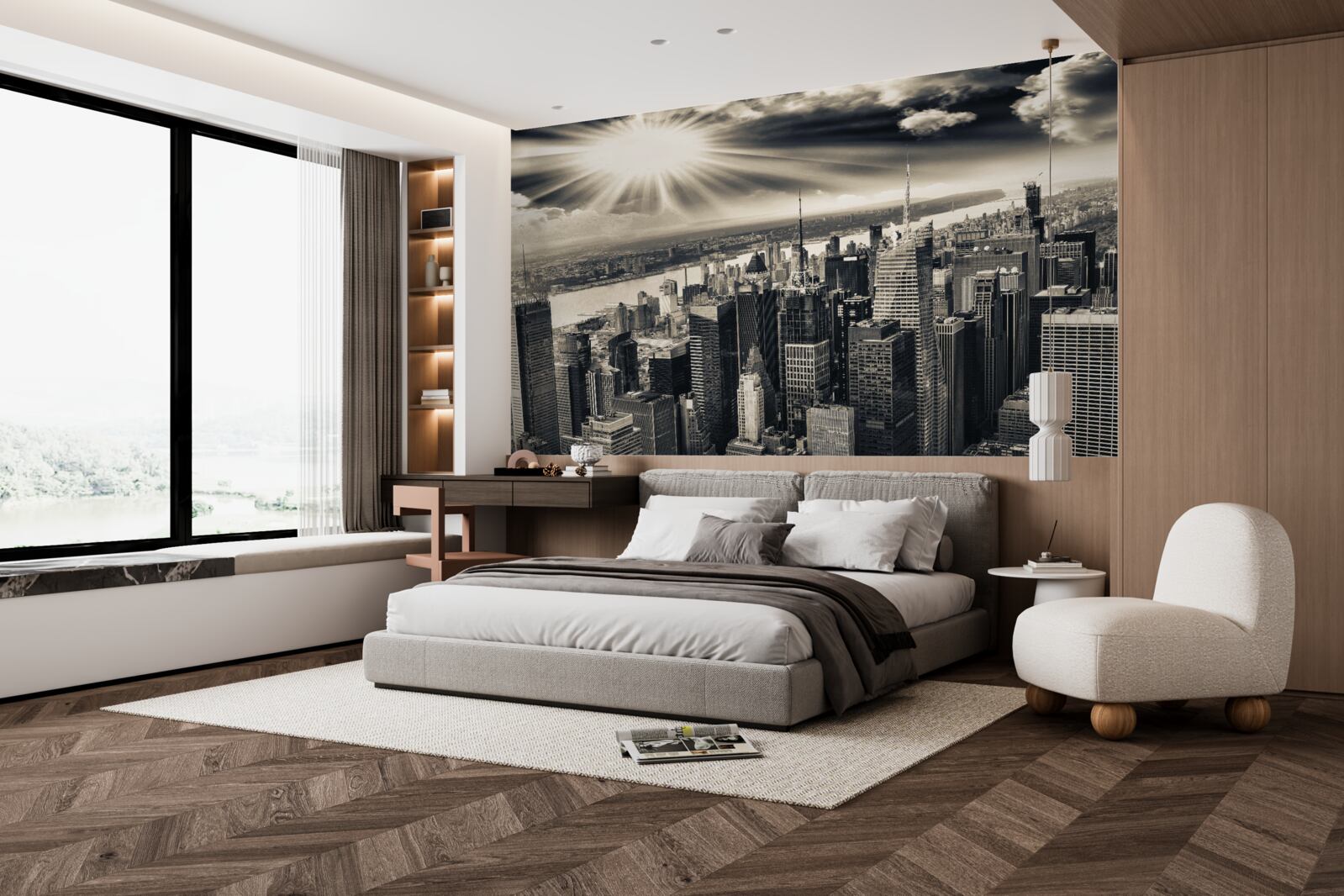 Фотошпалери Сяюче сонце наповнює мегаполіс тонами сепії