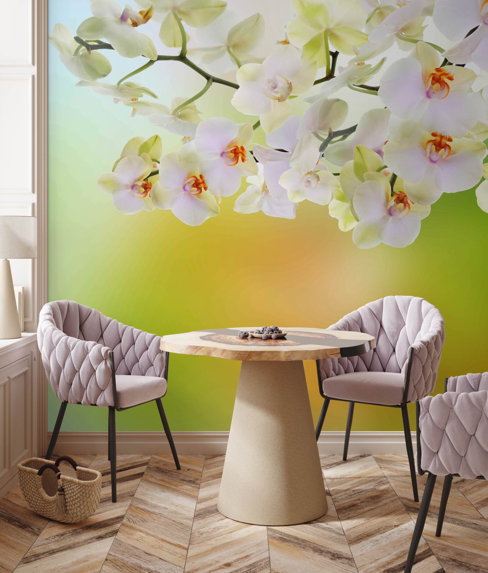 Фотошпалери на гілках розпускаються білосніжні бруньки та орхідеї