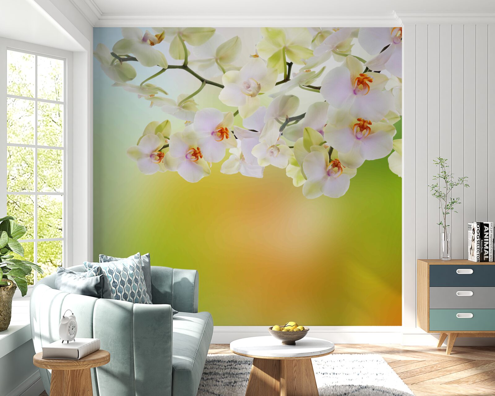 Фотошпалери на гілках розпускаються білосніжні бруньки та орхідеї