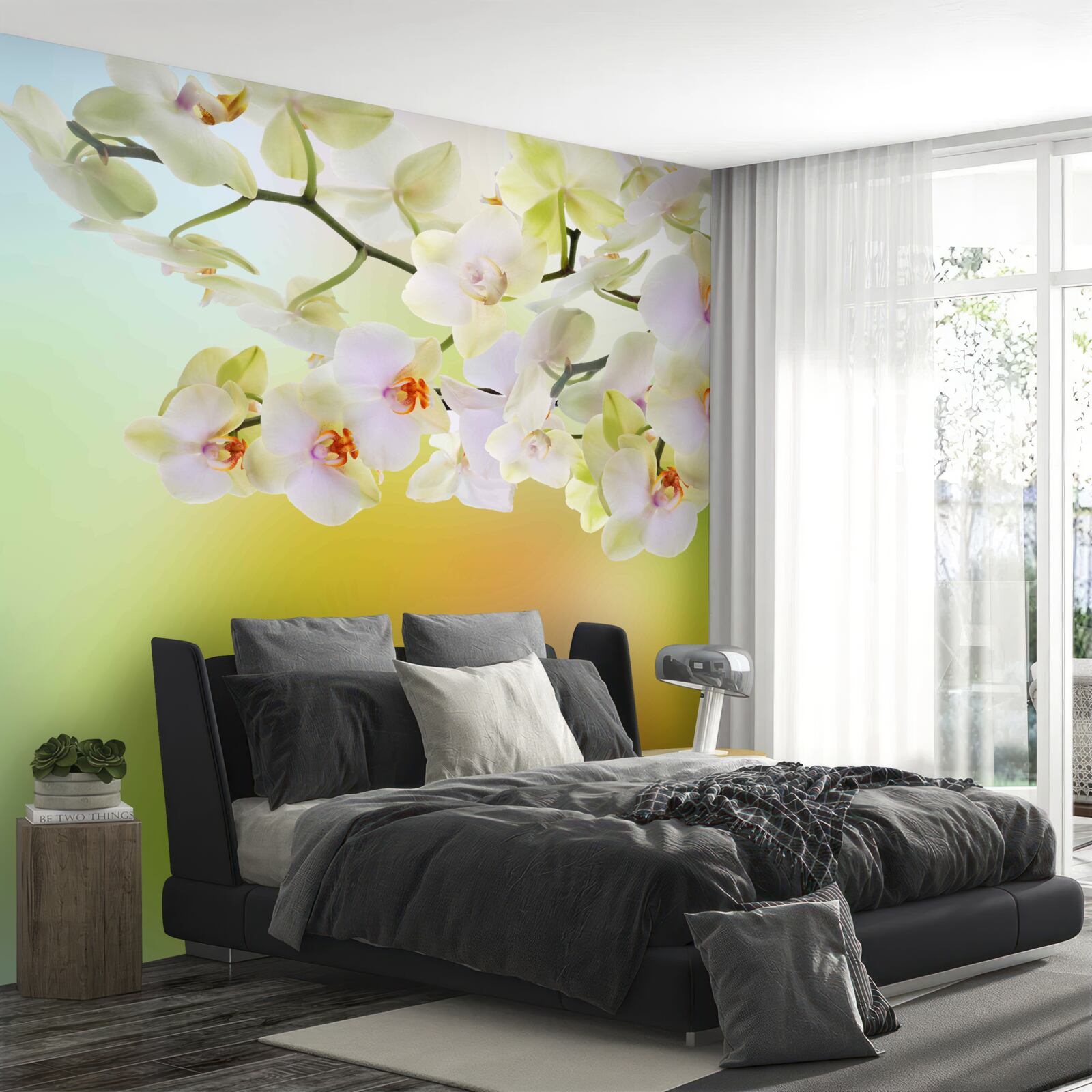 Фотошпалери на гілках розпускаються білосніжні бруньки та орхідеї