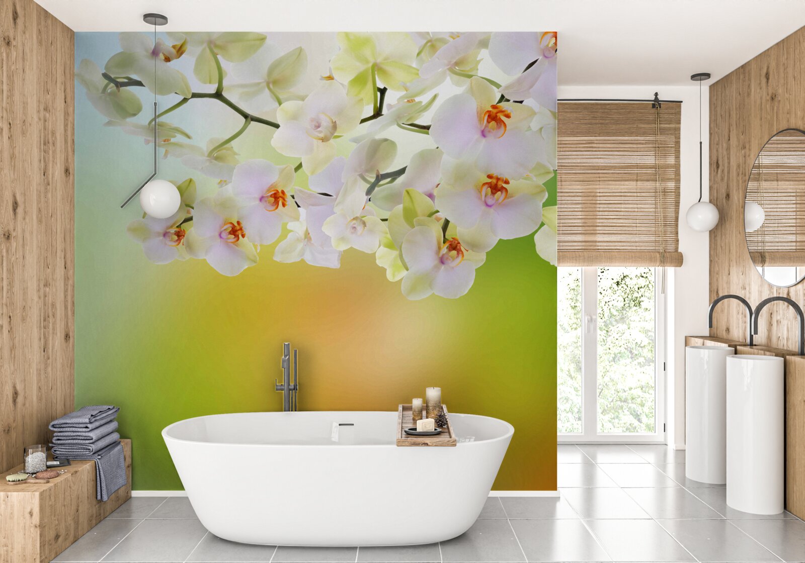 Фотошпалери на гілках розпускаються білосніжні бруньки та орхідеї