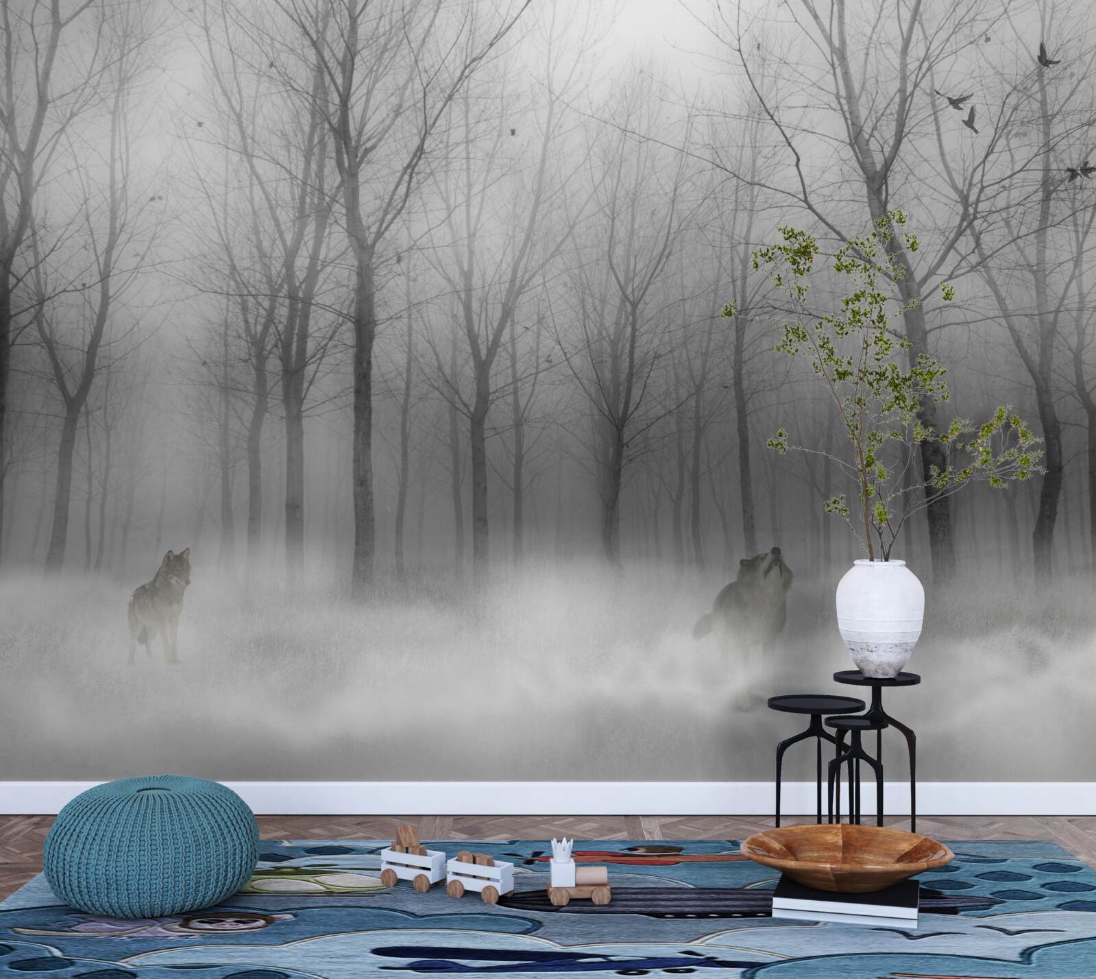 Фотошпалери зимовий день у лісі, оповитий туманом