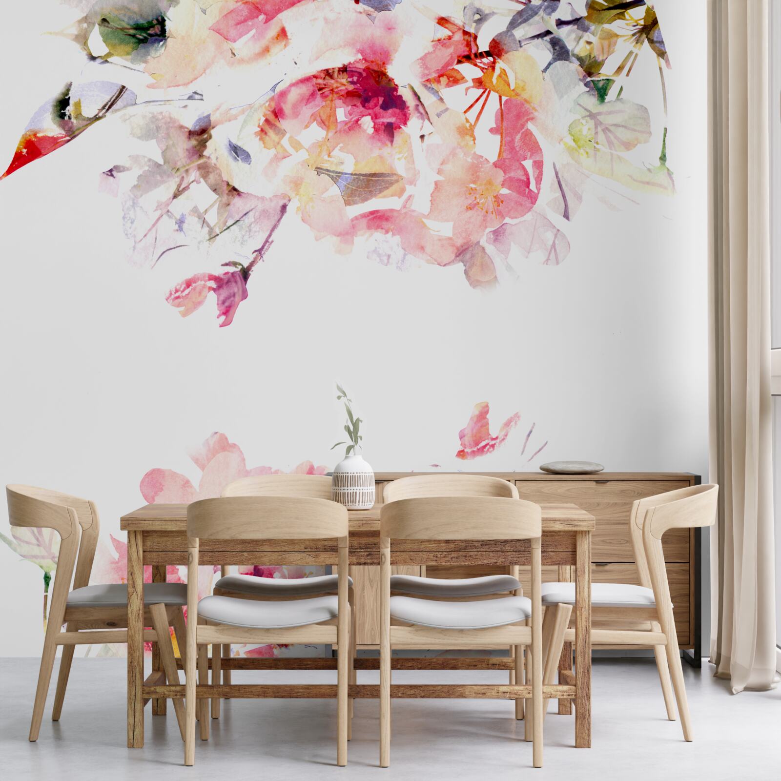 Фотошпалери акварель із зображенням метеликів та білих квітів