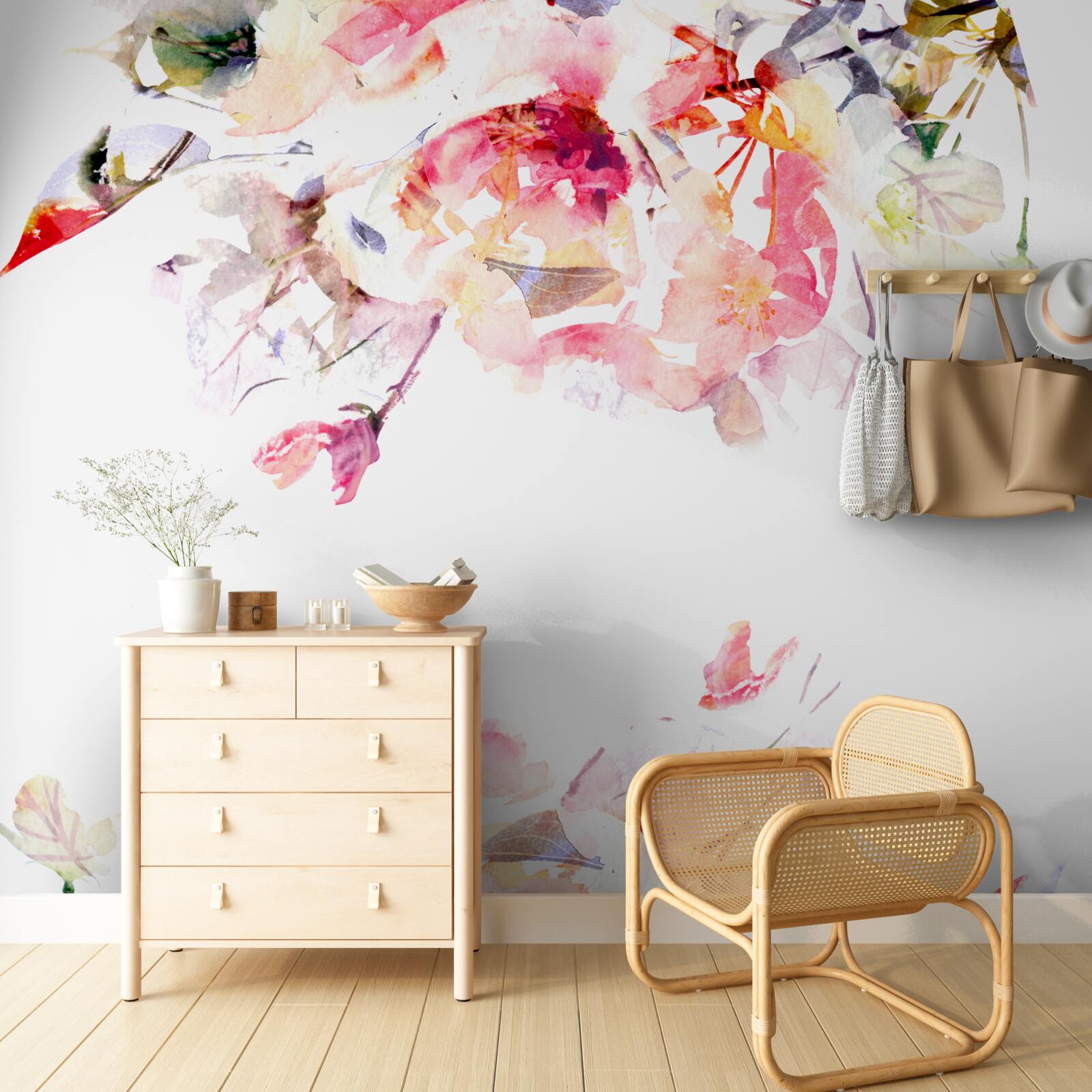 Фотошпалери акварель із зображенням метеликів та білих квітів