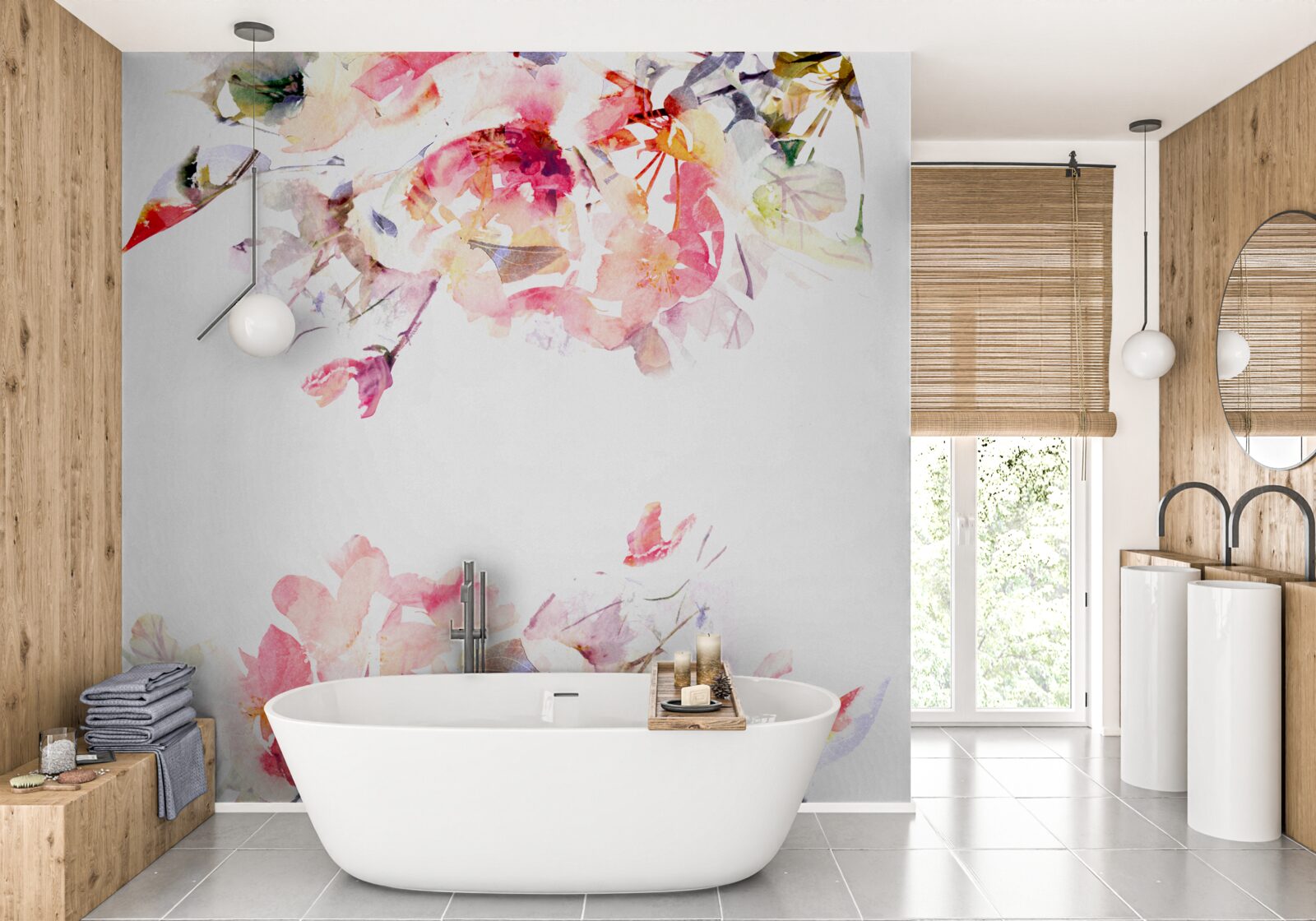 Фотошпалери акварель із зображенням метеликів та білих квітів