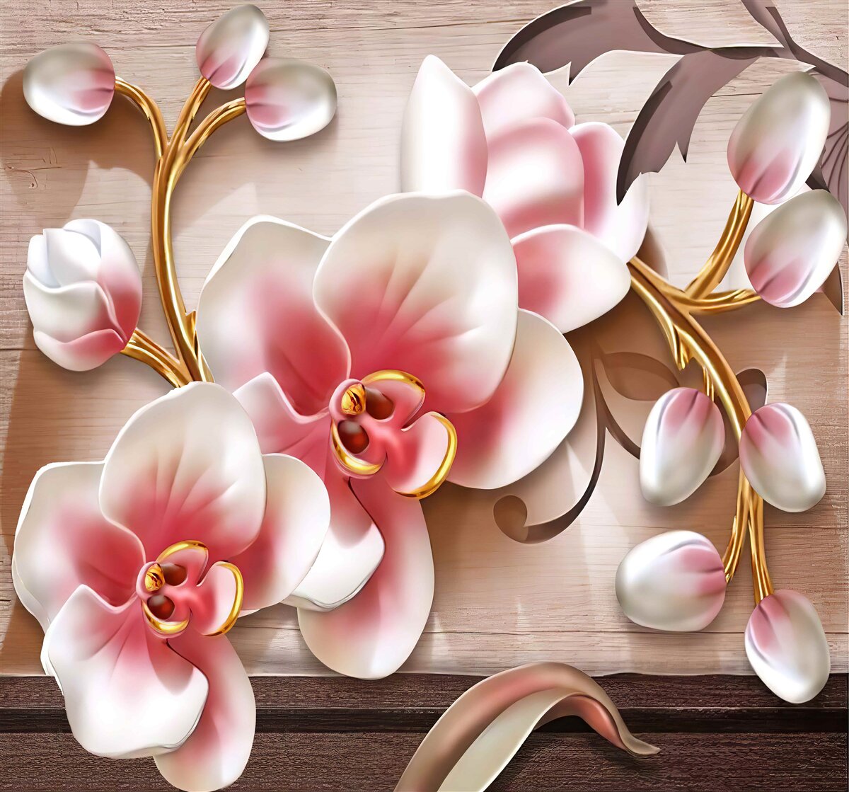 Фотошпалери ніжні рожеві квіти з витонченими золотистими гілками