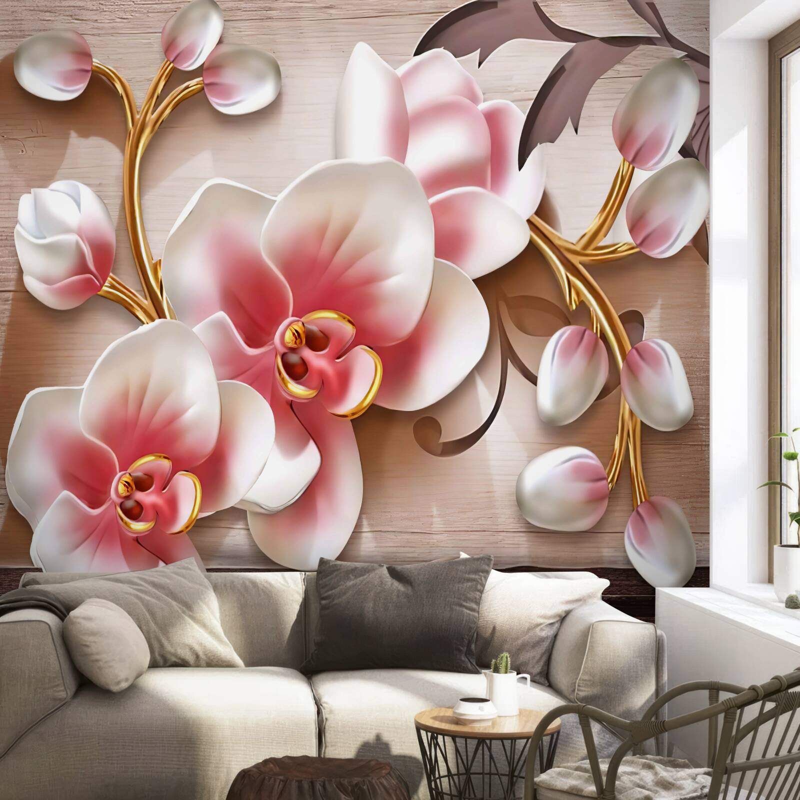 Фотошпалери ніжні рожеві квіти з витонченими золотистими гілками