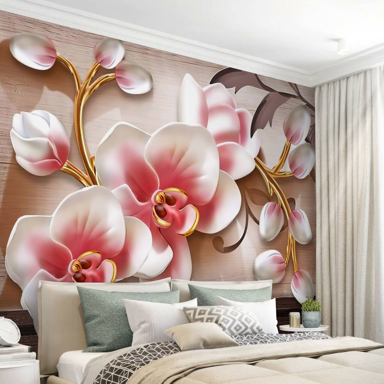 Фотошпалери ніжні рожеві квіти з витонченими золотистими гілками