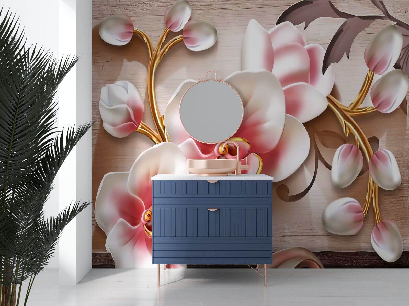 Фотошпалери ніжні рожеві квіти з витонченими золотистими гілками