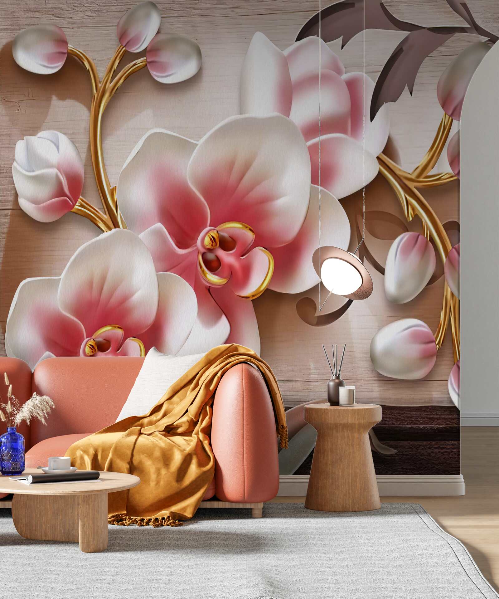 Фотошпалери ніжні рожеві квіти з витонченими золотистими гілками