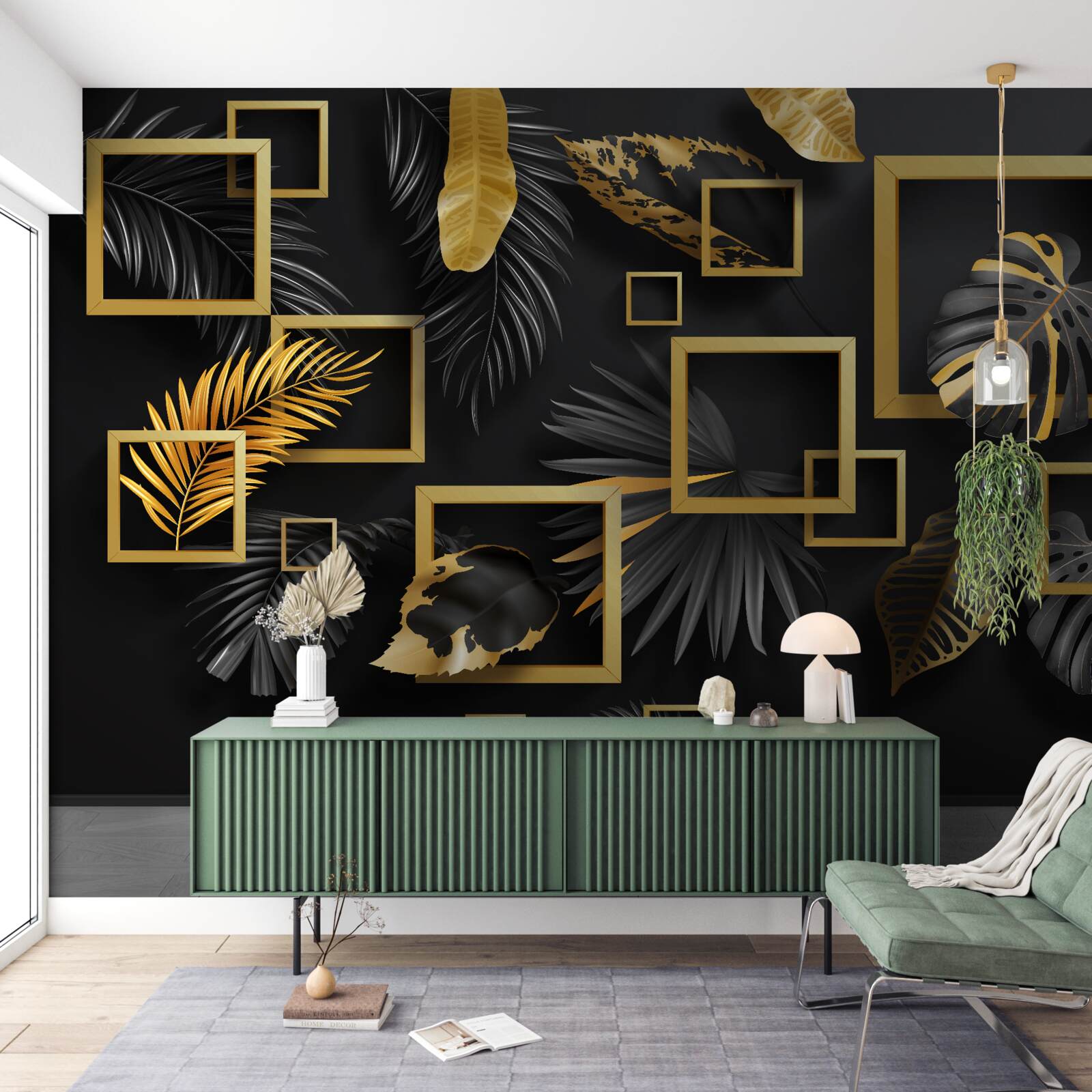 Фотошпалери чорна стіна з золотими рамками