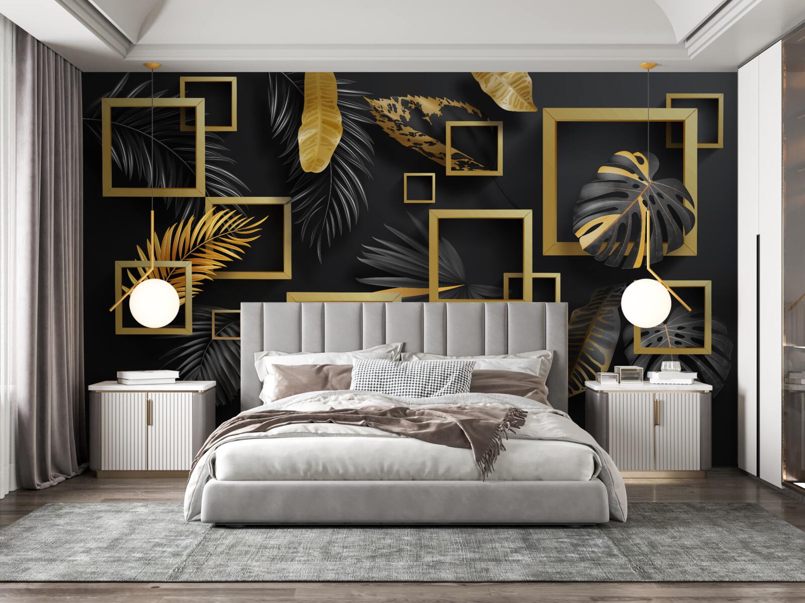 Фотошпалери чорна стіна з золотими рамками