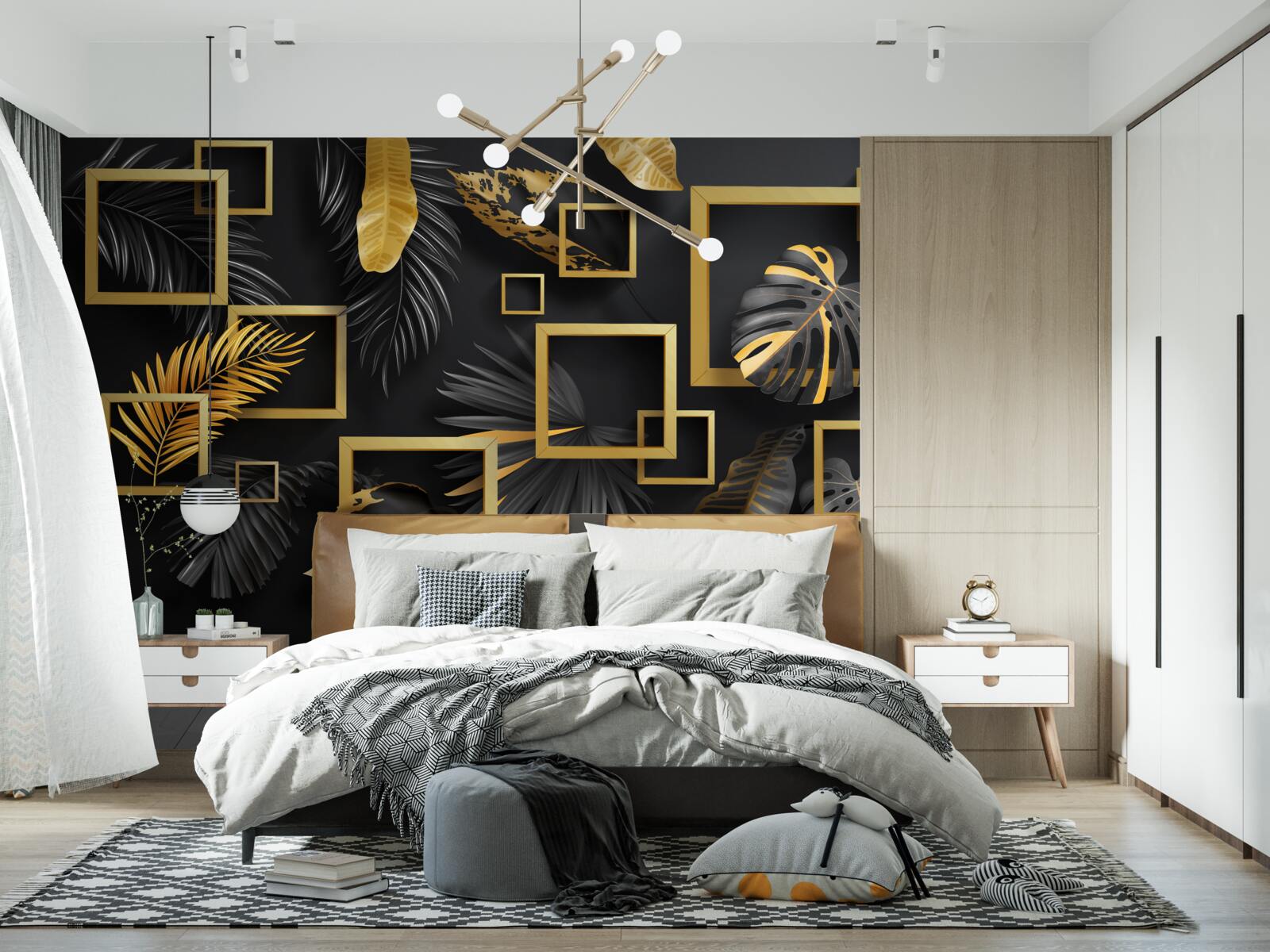 Фотошпалери чорна стіна з золотими рамками