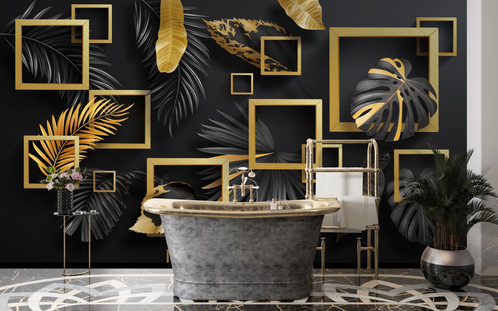 Фотошпалери чорна стіна з золотими рамками