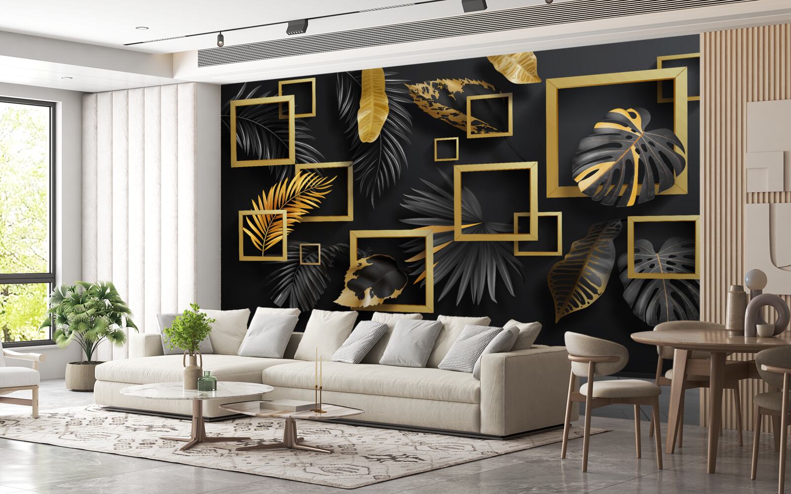 Фотошпалери чорна стіна з золотими рамками