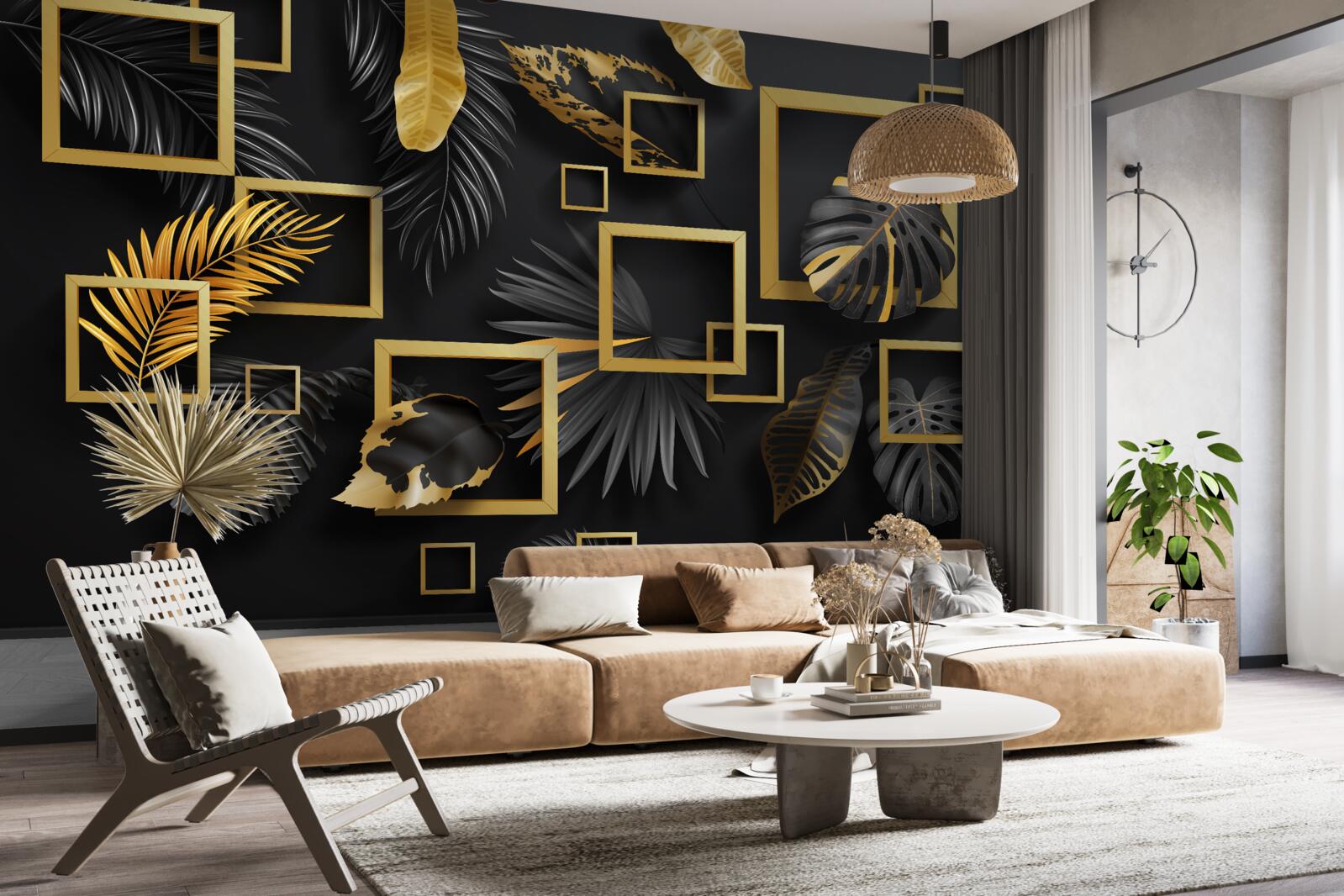 Фотошпалери чорна стіна з золотими рамками