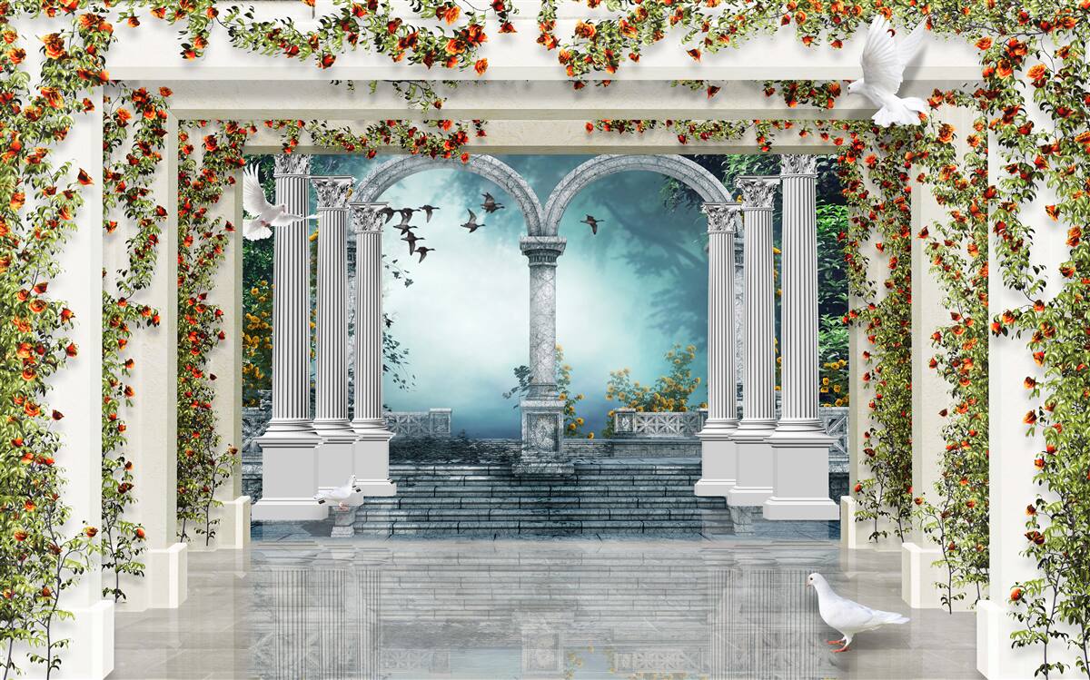 Фотошпалери білі колони, прикрашені квітами