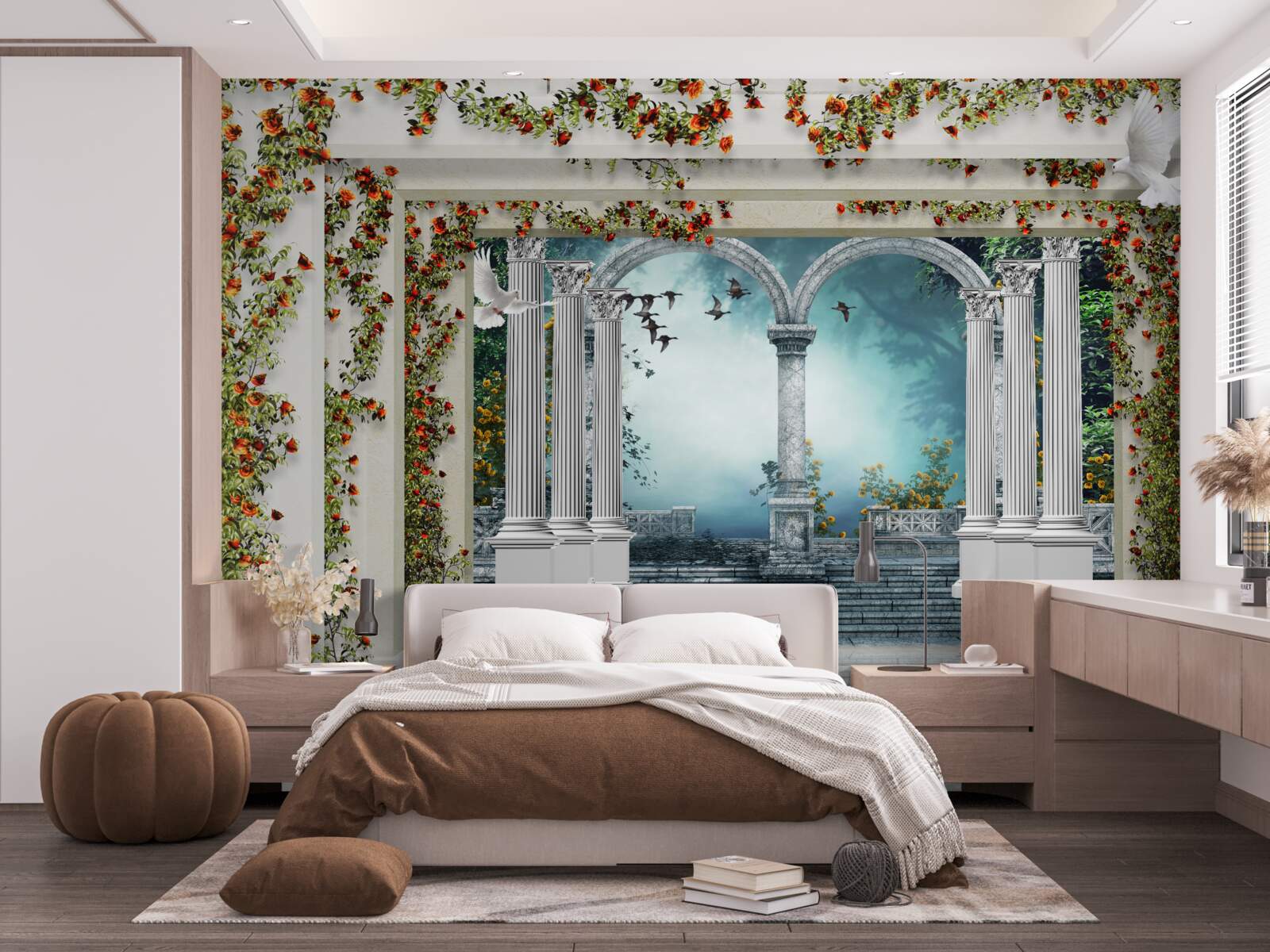 Фотошпалери білі колони, прикрашені квітами