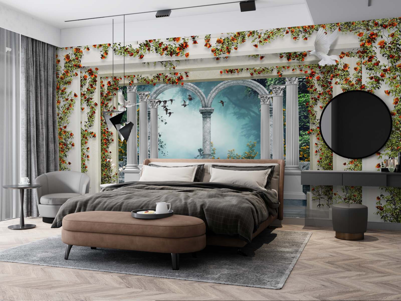 Фотошпалери білі колони, прикрашені квітами