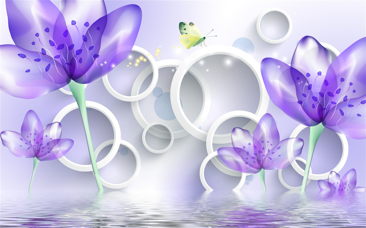 Фотошпалери фантастичні фіолетові квіти та білосніжні кола