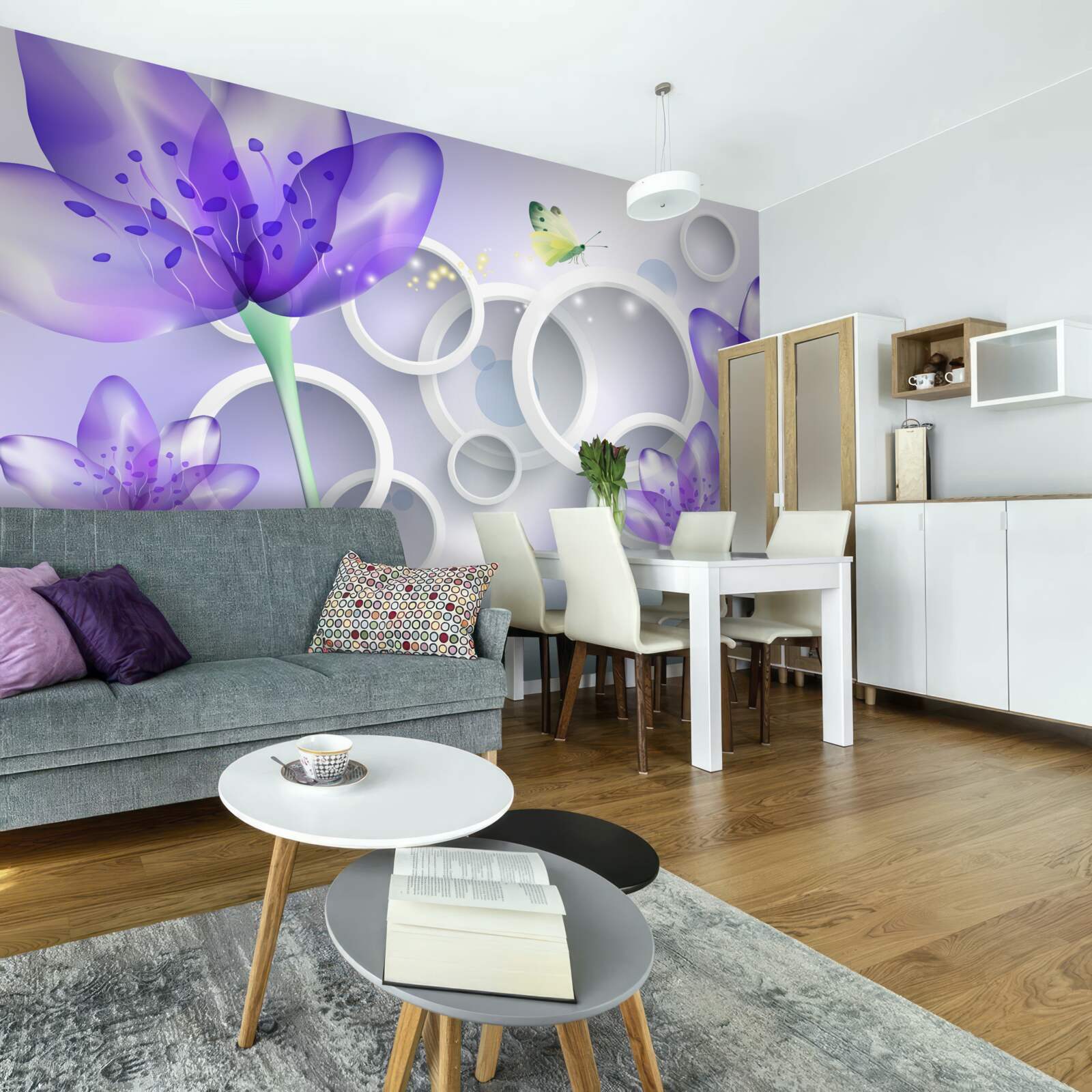 Фотошпалери фантастичні фіолетові квіти та білосніжні кола