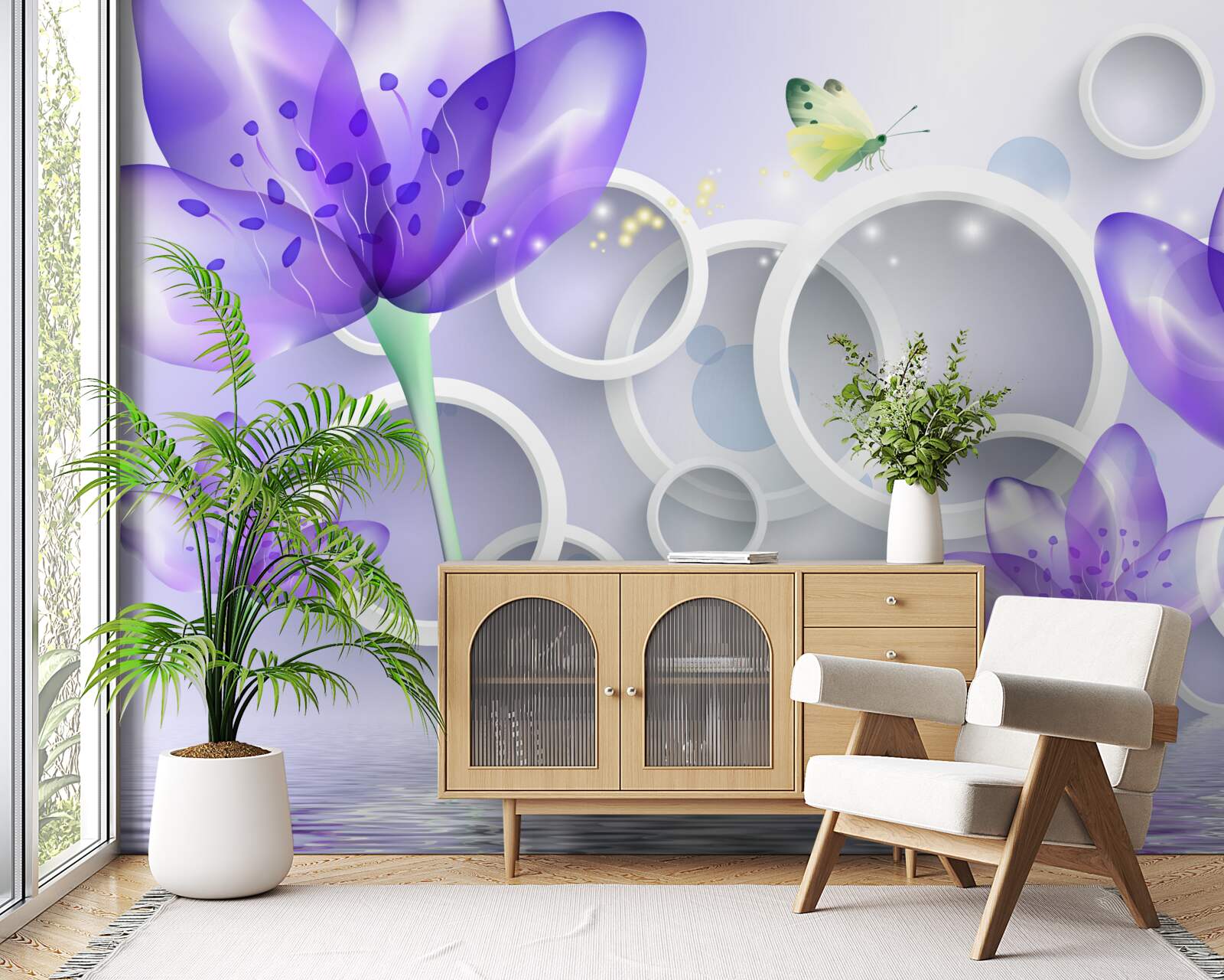 Фотошпалери фантастичні фіолетові квіти та білосніжні кола