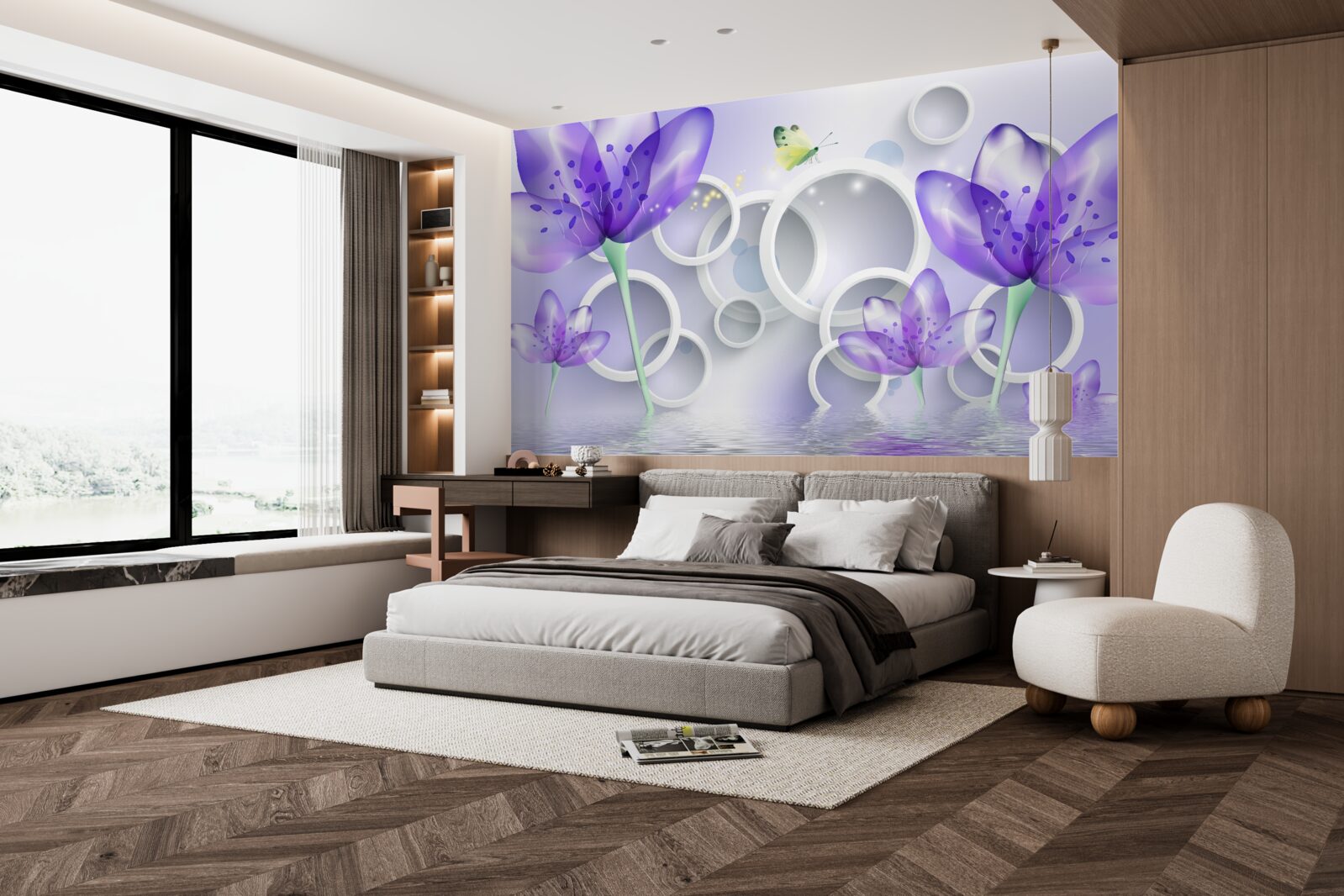 Фотошпалери фантастичні фіолетові квіти та білосніжні кола