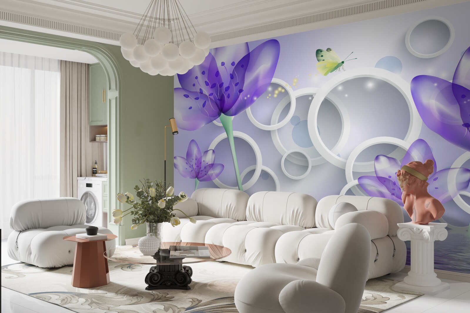 Фотошпалери фантастичні фіолетові квіти та білосніжні кола