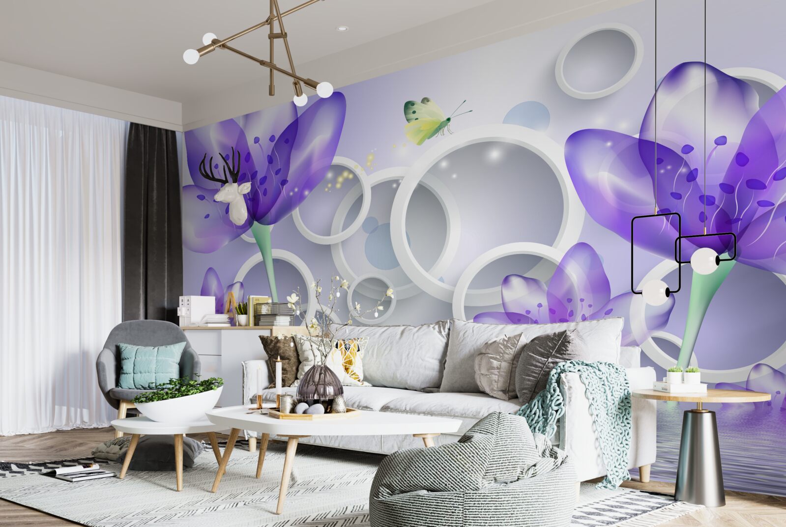 Фотошпалери фантастичні фіолетові квіти та білосніжні кола