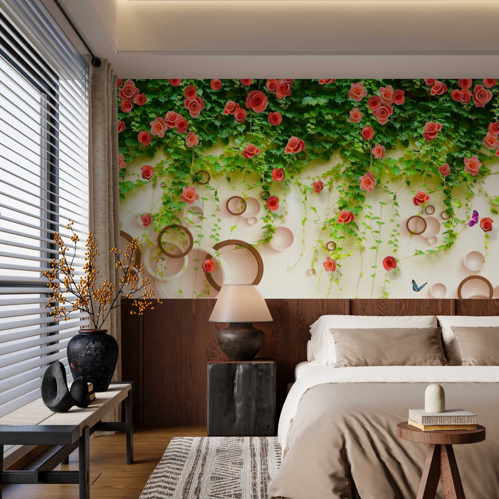 Фотошпалери рожеві троянди на лозі