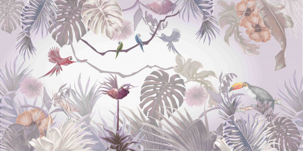 Фотошпалери тукани та папуги серед пальмового листя
