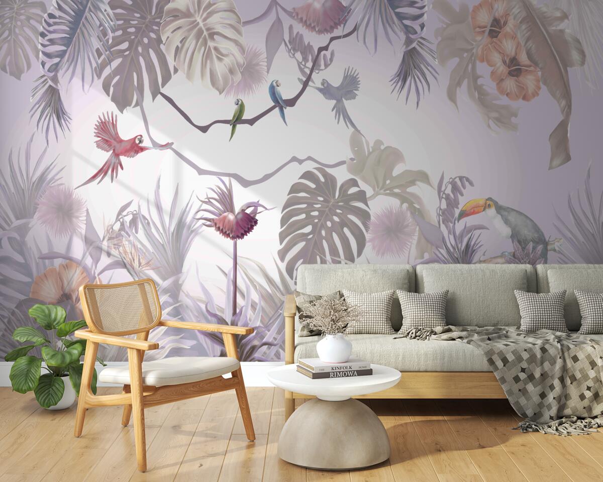 Фотошпалери тукани та папуги серед пальмового листя