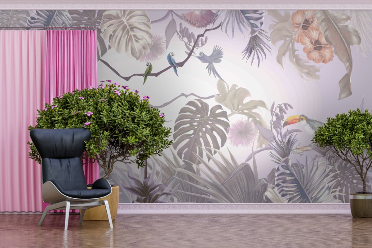 Фотошпалери тукани та папуги серед пальмового листя