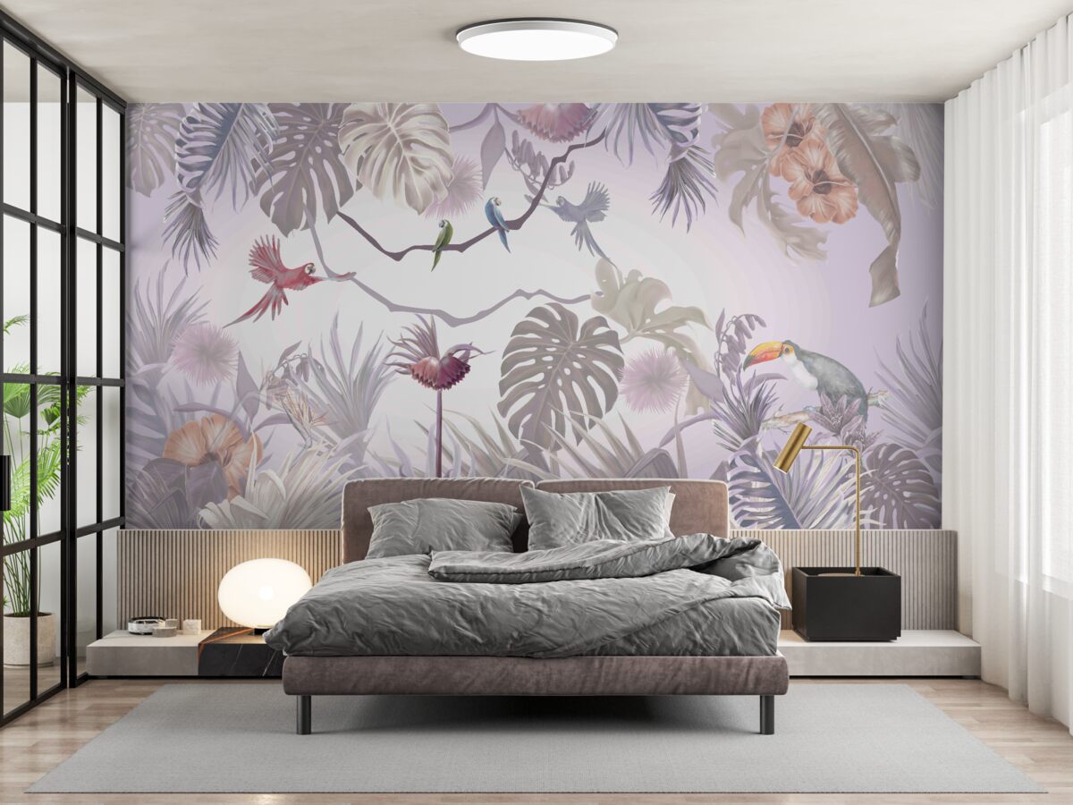 Фотошпалери тукани та папуги серед пальмового листя