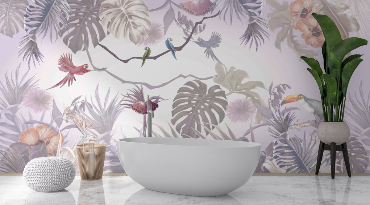 Фотошпалери тукани та папуги серед пальмового листя