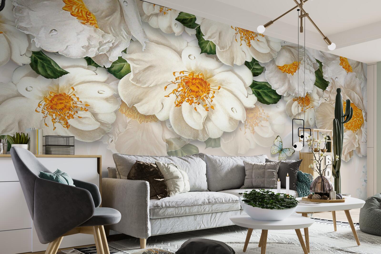 Фотошпалери великі білі квіти з жовтою серединкою