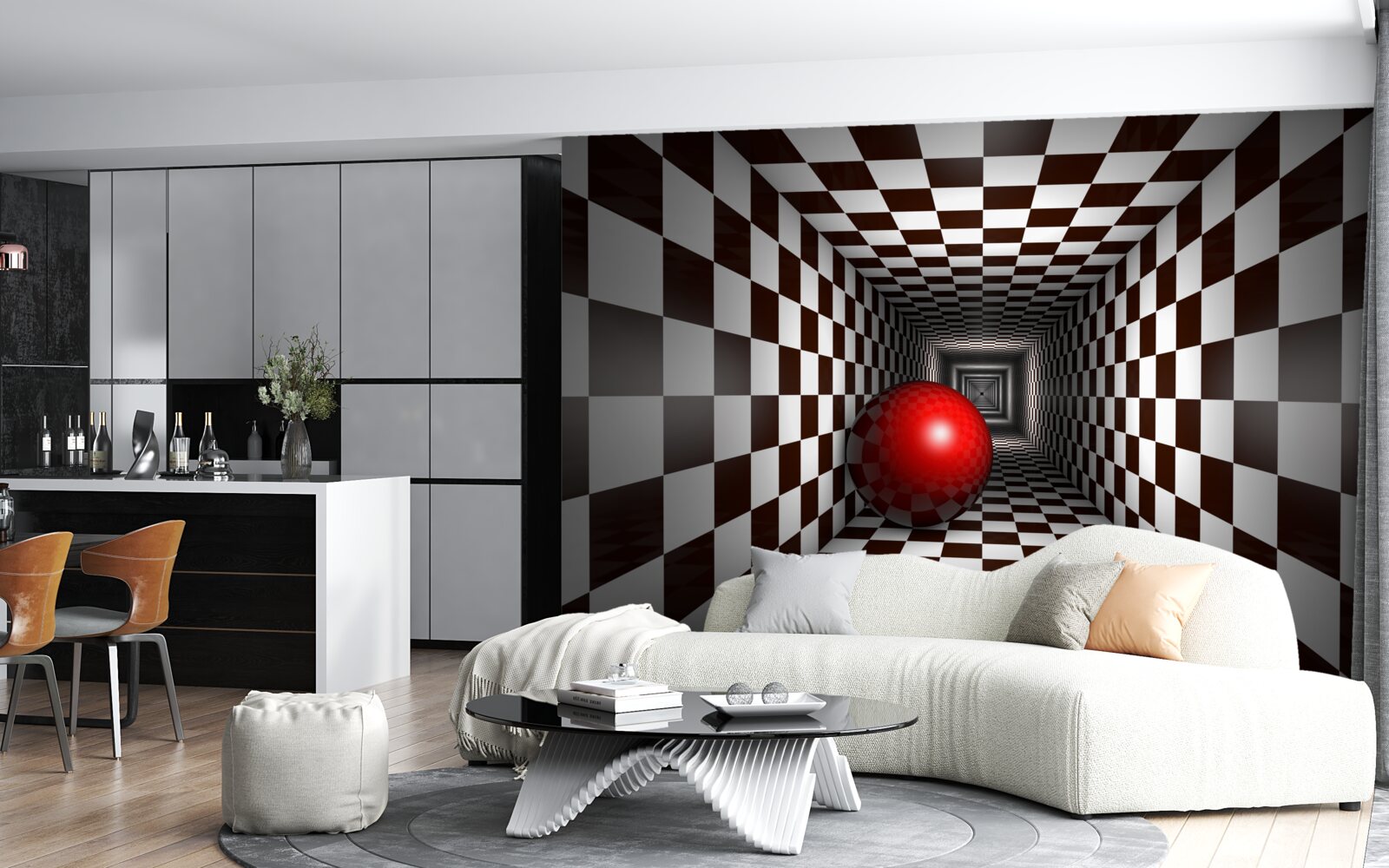 Фотошпалери червона куля в коридорі, оформленому як шахова дошка