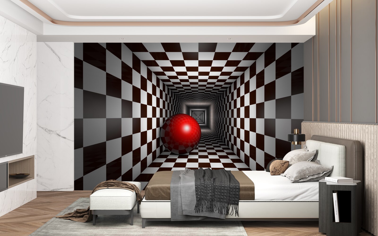 Фотошпалери червона куля в коридорі, оформленому як шахова дошка