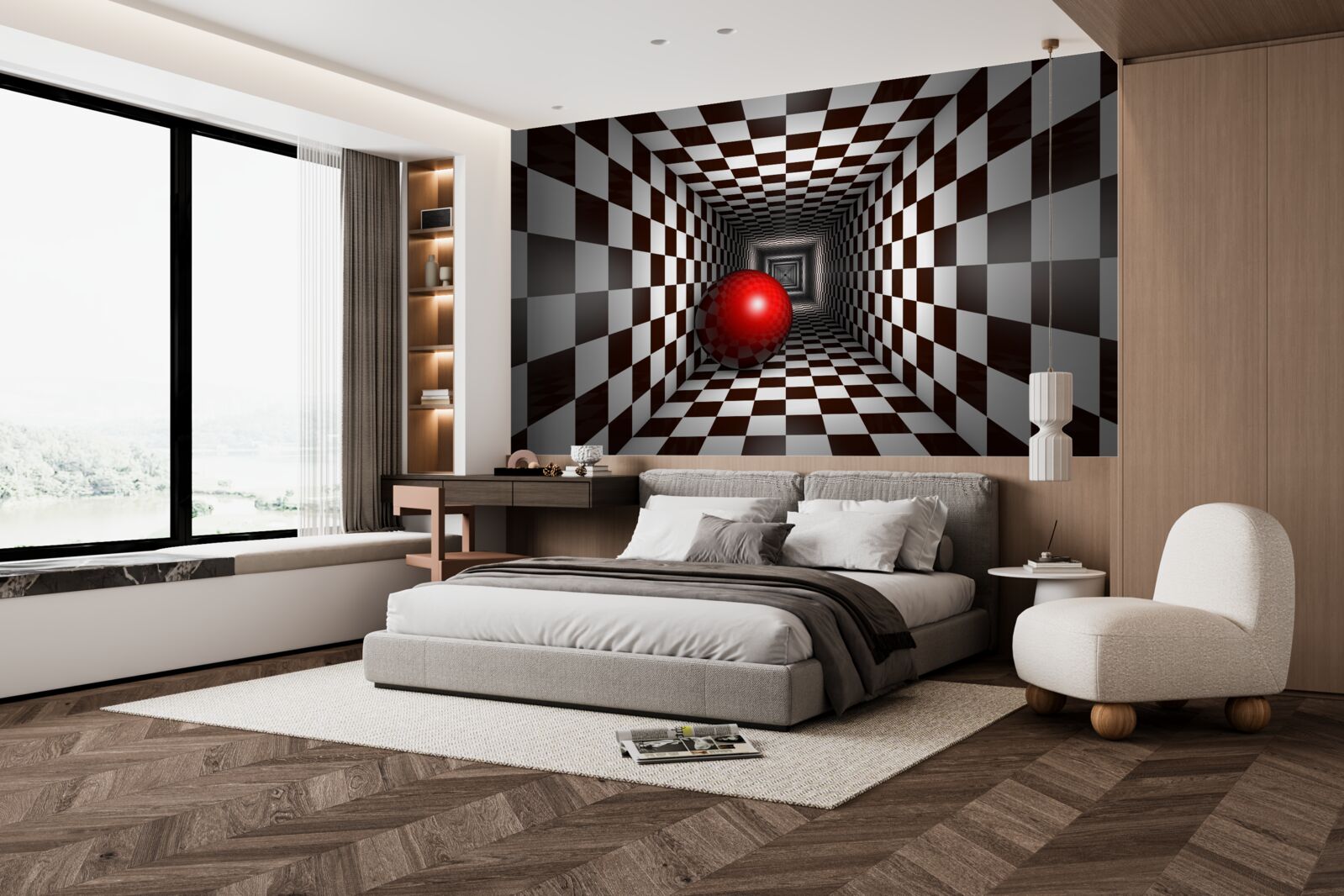 Фотошпалери червона куля в коридорі, оформленому як шахова дошка