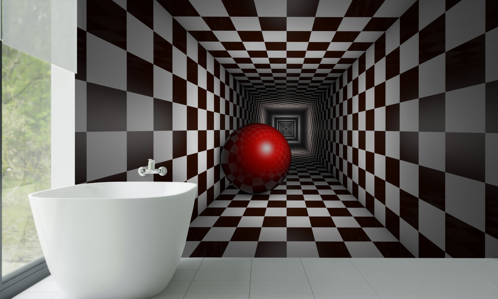 Фотошпалери червона куля в коридорі, оформленому як шахова дошка