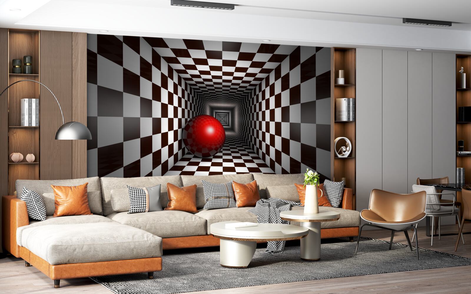 Фотошпалери червона куля в коридорі, оформленому як шахова дошка