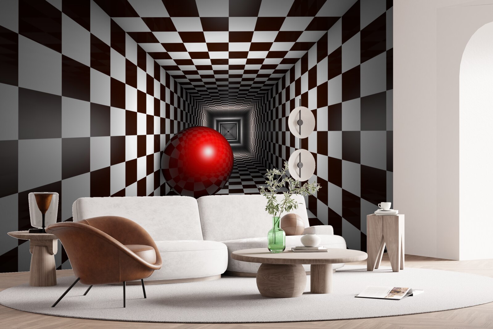 Фотошпалери червона куля в коридорі, оформленому як шахова дошка