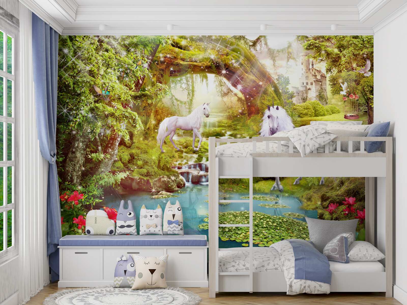 Фотошпалери білі єдинороги біля озера в лісі