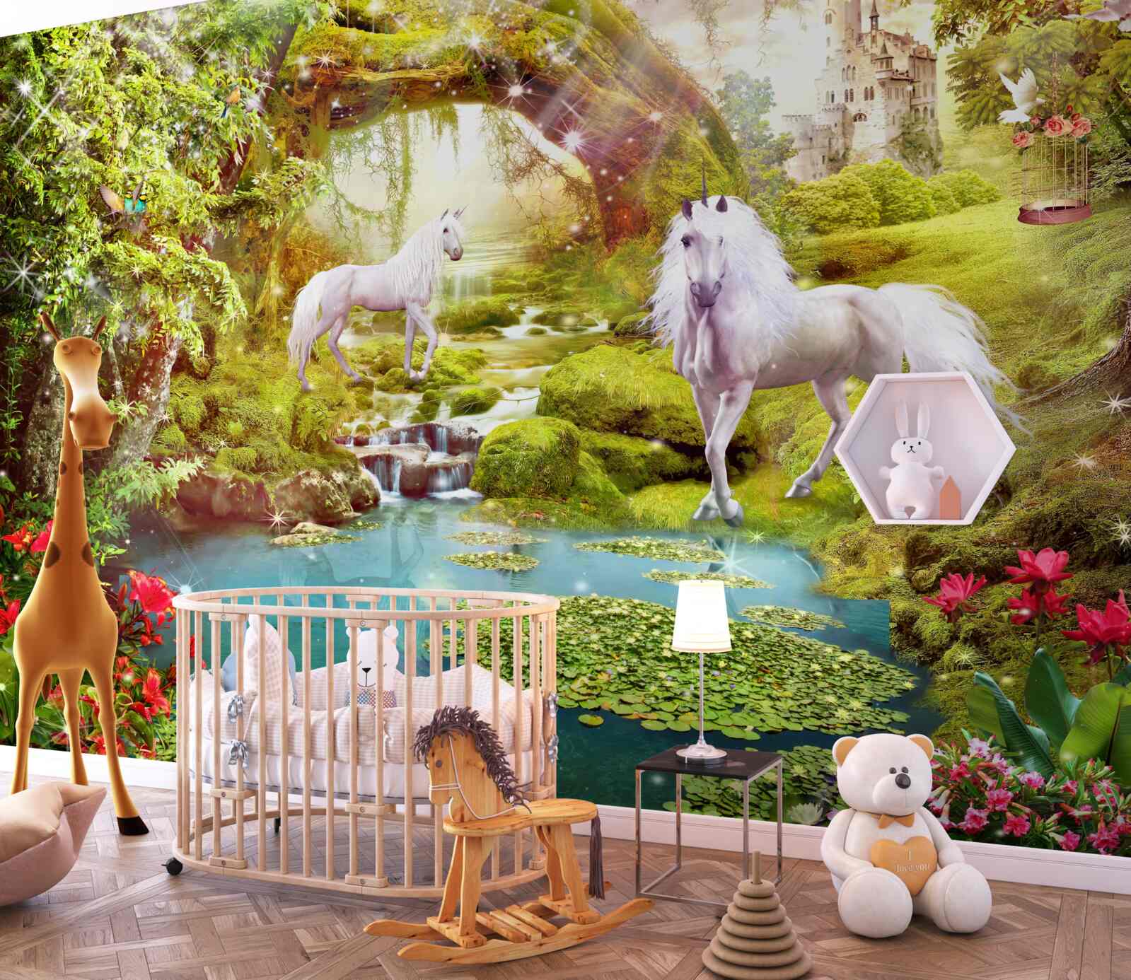 Фотошпалери білі єдинороги біля озера в лісі