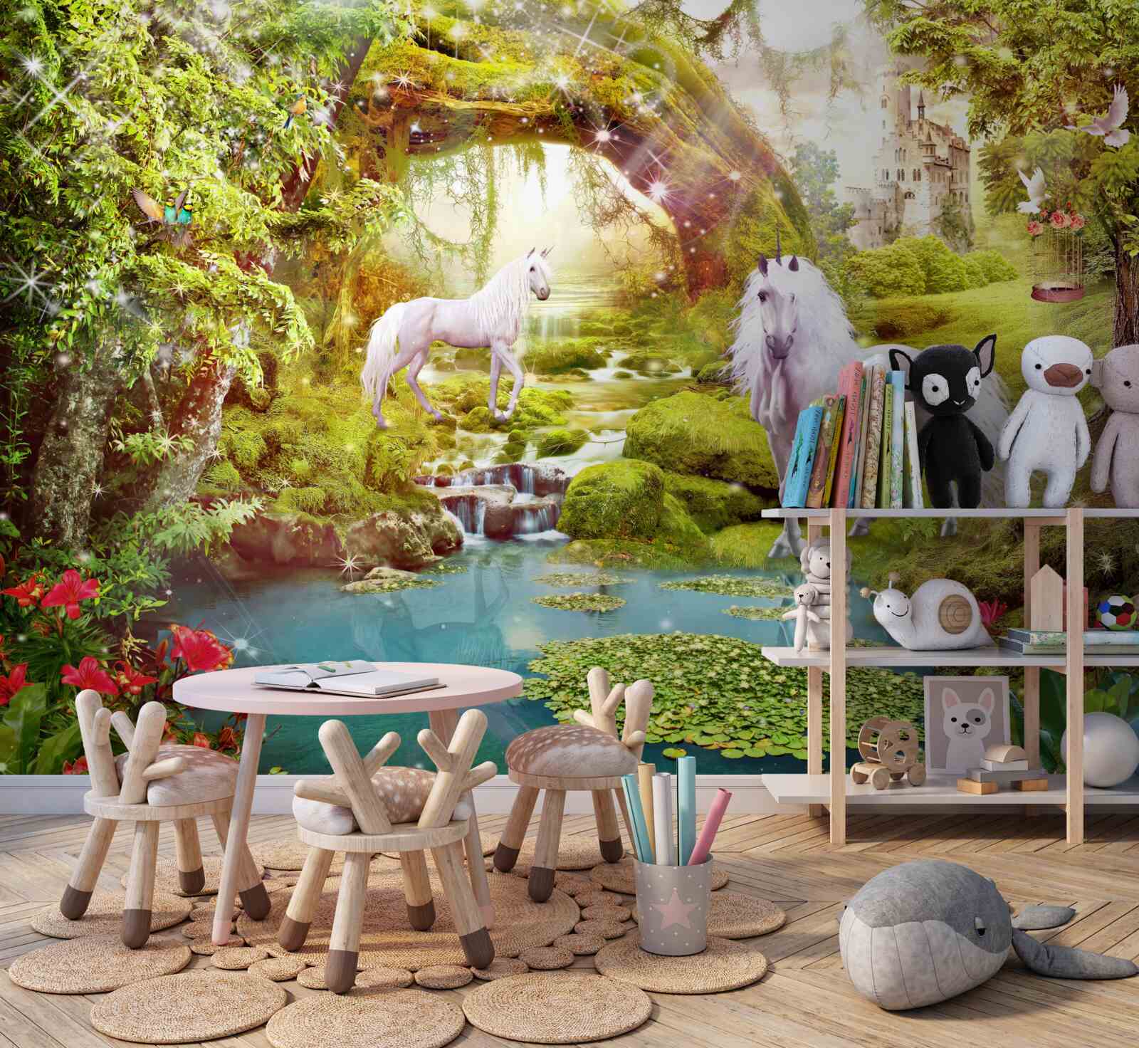 Фотошпалери білі єдинороги біля озера в лісі