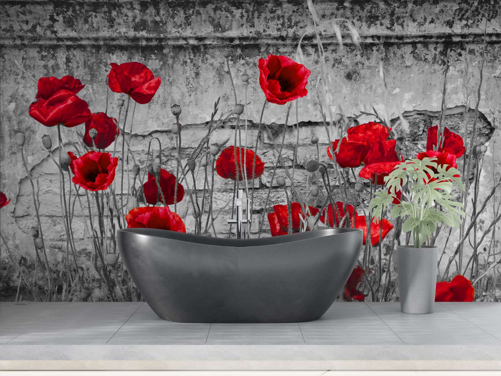 Фотошпалери червоні маки на сірому тлі